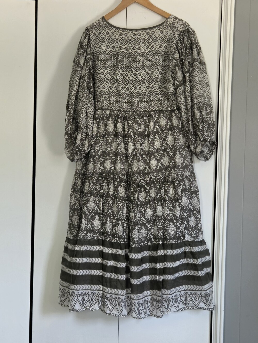 Daughters Of India Boho Tiered V-Neck Midi Dress in Olive and White - Picture 3 of 6